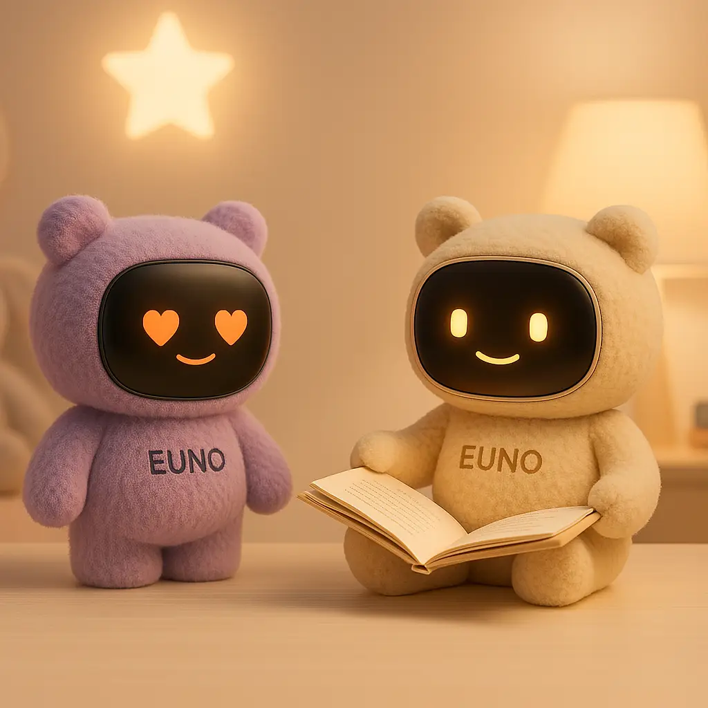 Un Euno violet est debout avec une étoile illuminée au dessus de la tête. Un Euno beige et assis à ses côtés et tient un libre. Les deux Euno sourient.