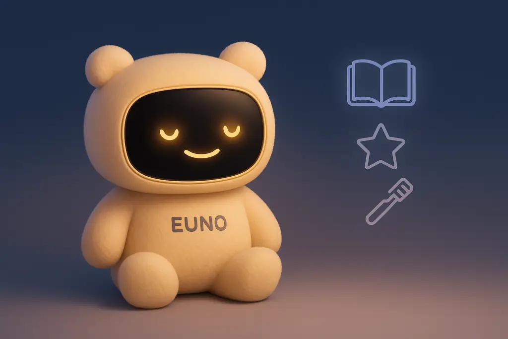 Euno en mode nuit avec des icônes (livre, étoile et brosse à dent) à côté pour illustrer l'accompagnement dans la vie de tous les jours.