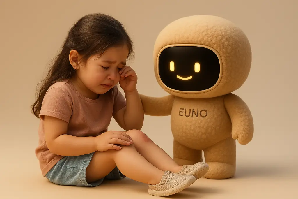Euno réconforte une petite fille qui s'est fait mal au genou.