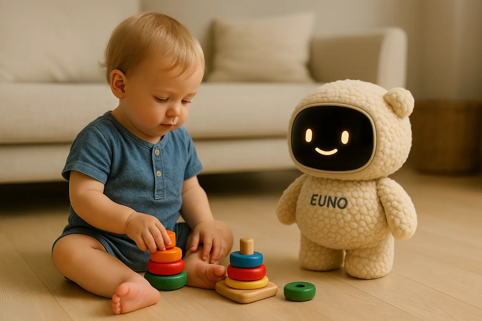 un bambin joue à un jeu d'empilement. A ses côtés un robot Euno, beige, sourie et l'encourage.