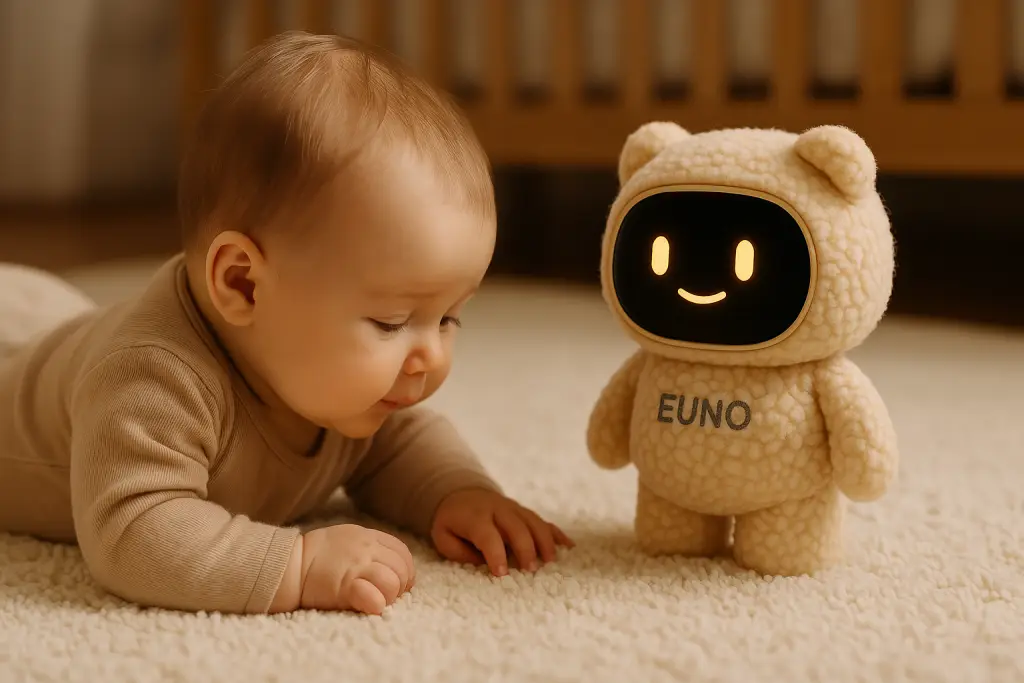 un bébé interagi avec le robot euno. Le robot affiche un sourire sur son écran