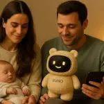 Une maman tient son bébé endormi. Le papa tient le euno qui sourit et son téléphone.