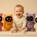 un bébé assis sourit entouré de quatre euno de différentes couleurs